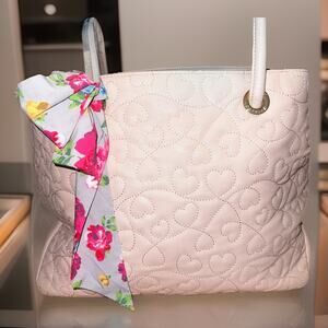 Betsey Johnson Pink Quilted Embroidered Hearts Roses Lining Shoulder Bag Large